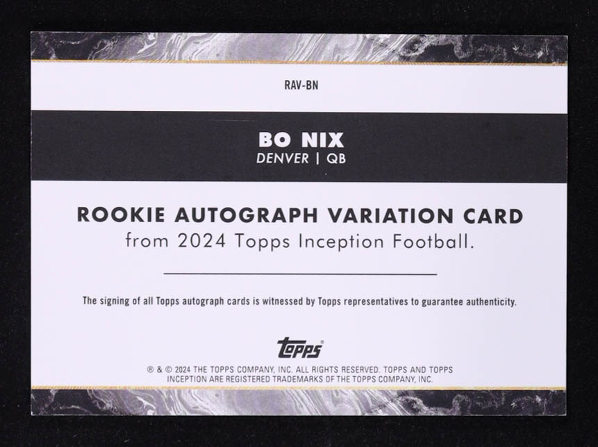 Bo Nix 2024 Topps Inception Rookie Variation Autographs Gold #RAVBN RC #06/25 at PristineAuction.com Bo Nix 2024 Topps Inception Rookie Variation Autographs Gold #RAVBN RC #06/25 at PristineAuction.com