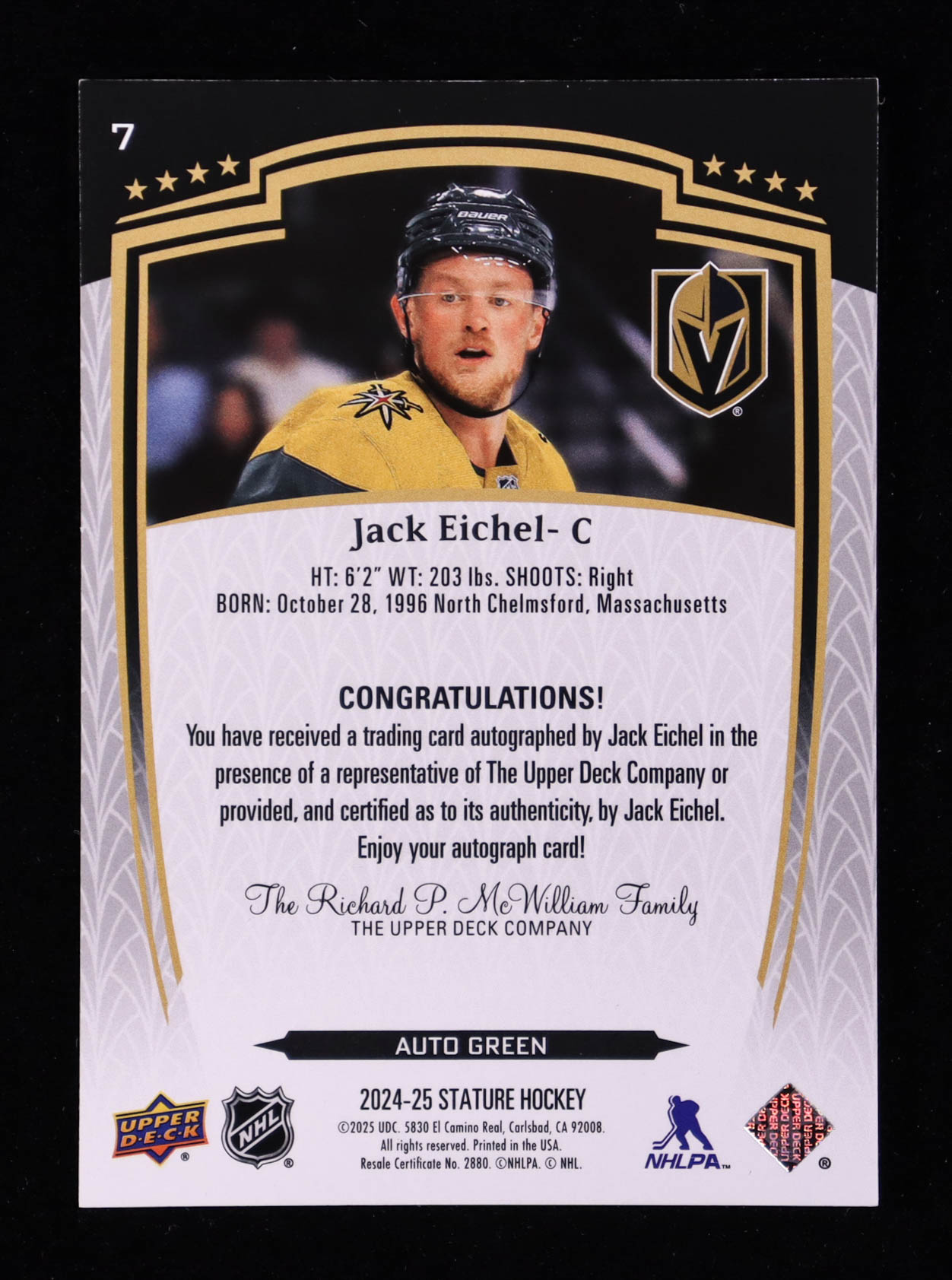 Jack Eichel 2024-25 Upper Deck Stature Autographs Green #7 #182/199 at PristineAuction.com Jack Eichel 2024-25 Upper Deck Stature Autographs Green #7 #182/199 at PristineAuction.com