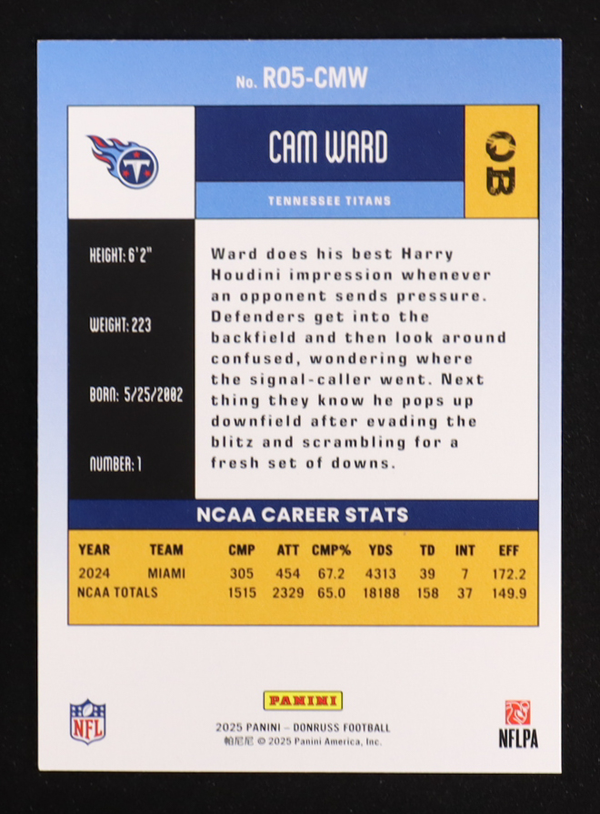 Cam Ward 2025 Donruss Retro '05 #19 RC at PristineAuction.com Cam Ward 2025 Donruss Retro '05 #19 RC at PristineAuction.com