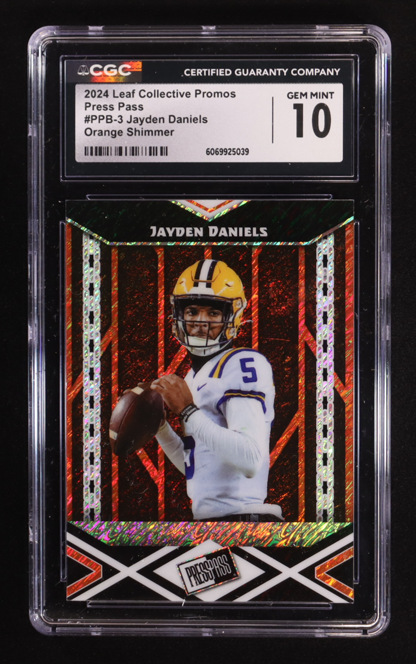 Jayden Daniels 2024 Leaf Collective Promo Press Pass Shimmer Orange #PPB3 RC #244/299 (CGC 10) at PristineAuction.com Jayden Daniels 2024 Leaf Collective Promo Press Pass Shimmer Orange #PPB3 RC #244/299 (CGC 10) at PristineAuction.com