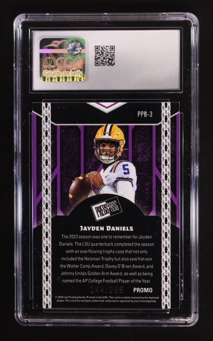 Jayden Daniels 2024 Leaf Collective Promo Press Pass Shimmer Orange #PPB3 RC #244/299 (CGC 10) at PristineAuction.com Jayden Daniels 2024 Leaf Collective Promo Press Pass Shimmer Orange #PPB3 RC #244/299 (CGC 10) at PristineAuction.com