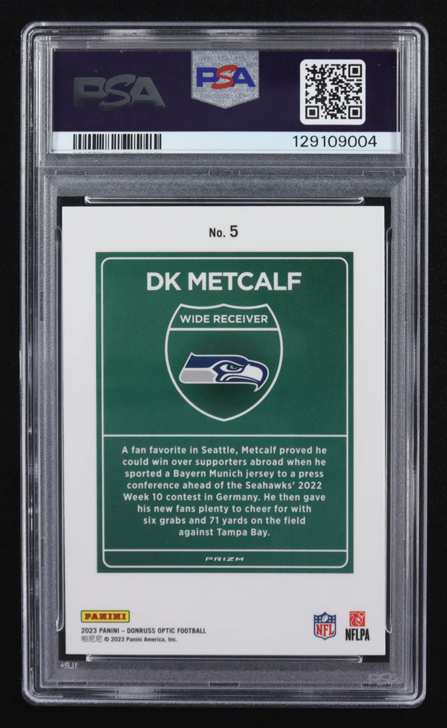 D.K. Metcalf 2023 Donruss Optic Downtown International #5 (PSA 9) at PristineAuction.com D.K. Metcalf 2023 Donruss Optic Downtown International #5 (PSA 9) at PristineAuction.com