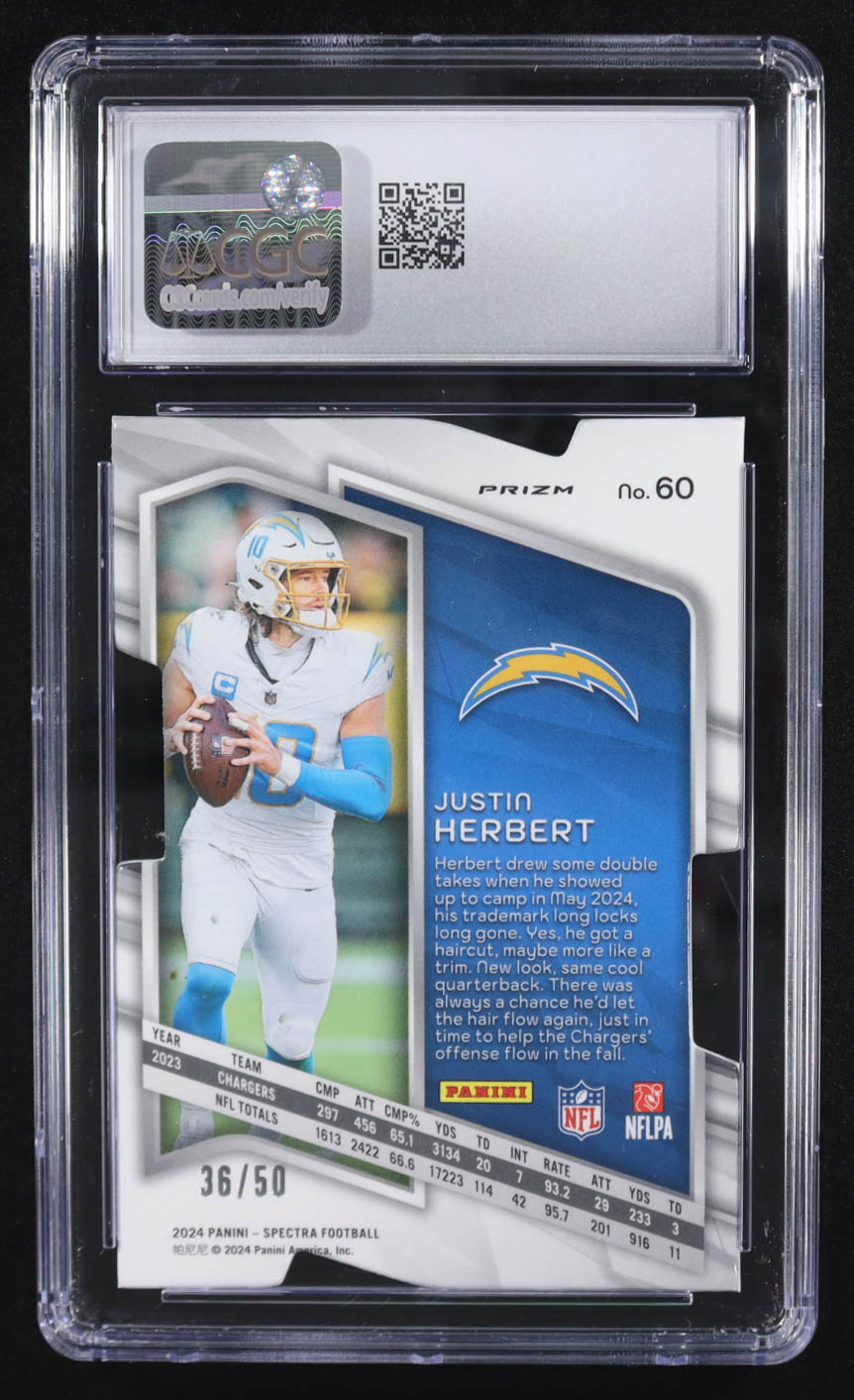 Justin Herbert 2024 Panini Spectra Neon Blue Die-Cut #60 #36/50 (CGC 10) at PristineAuction.com Justin Herbert 2024 Panini Spectra Neon Blue Die-Cut #60 #36/50 (CGC 10) at PristineAuction.com