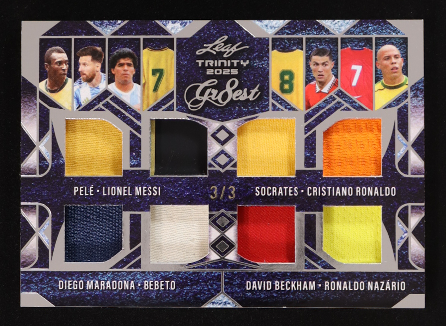 Pele / Lionel Messi / Socrates / Cristiano Ronaldo / Diego Maradona / Bebeto / David Beckham / Ronaldo Nazario 2025 Leaf Trinity The Gr8est Memorabilia Silver #TG9 #3/3 at PristineAuction.com Pele / Lionel Messi / Socrates / Cristiano Ronaldo / Diego Maradona / Bebeto / David Beckham / Ronaldo Nazario 2025 Leaf Trinity The Gr8est Memorabilia Silver #TG9 #3/3 at PristineAuction.com