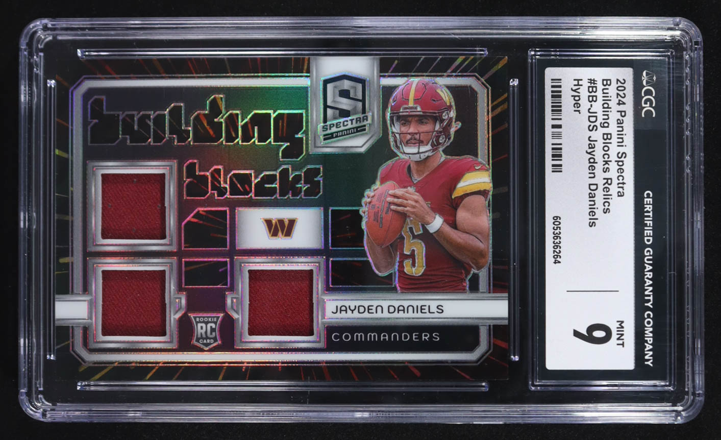 Jayden Daniels 2024 Panini Spectra Building Blocks Relics Hyper #BB-JD5 RC #23/75 (CGC 9) at PristineAuction.com Jayden Daniels 2024 Panini Spectra Building Blocks Relics Hyper #BB-JD5 RC #23/75 (CGC 9) at PristineAuction.com