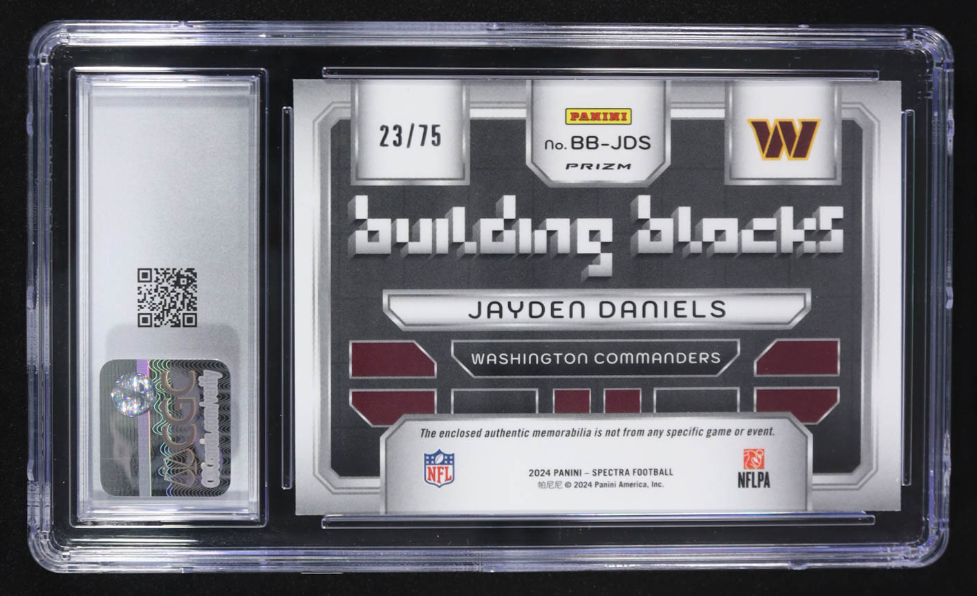 Jayden Daniels 2024 Panini Spectra Building Blocks Relics Hyper #BB-JD5 RC #23/75 (CGC 9) at PristineAuction.com Jayden Daniels 2024 Panini Spectra Building Blocks Relics Hyper #BB-JD5 RC #23/75 (CGC 9) at PristineAuction.com