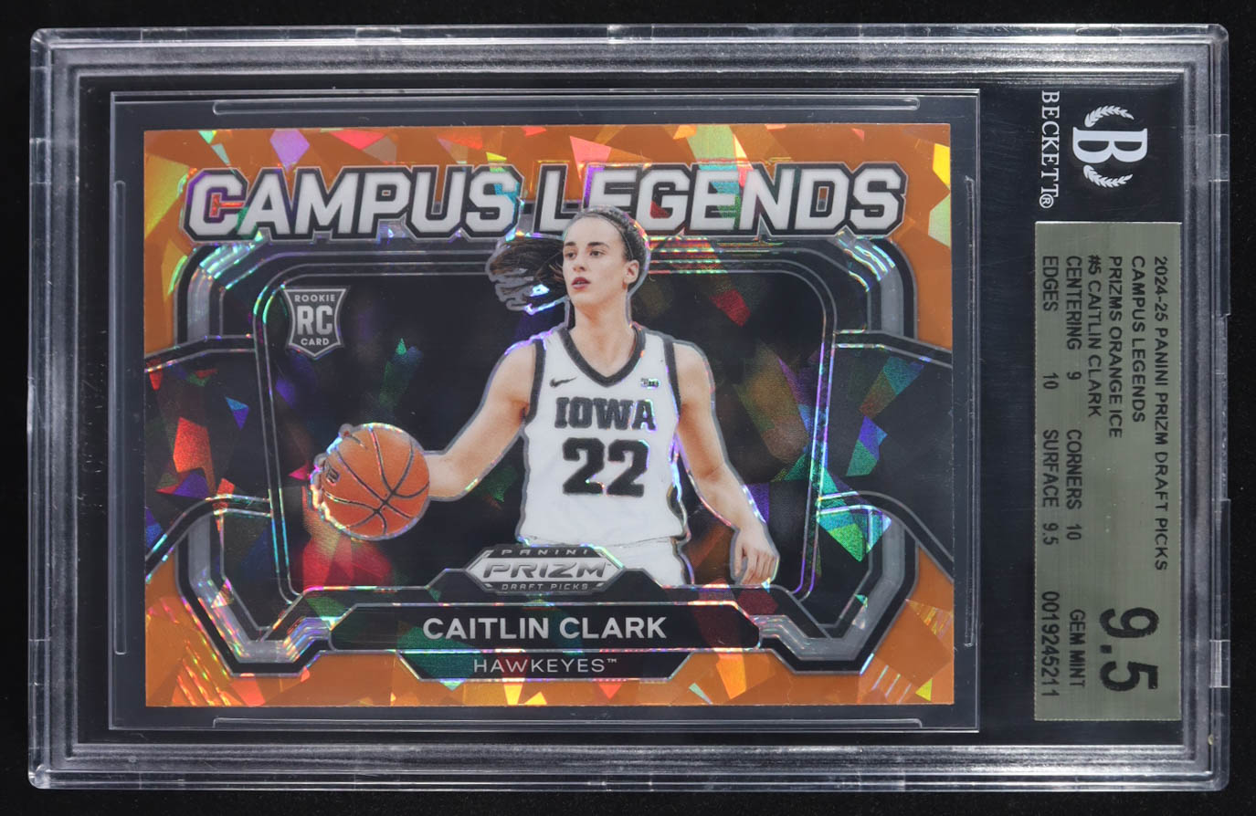 Caitlin Clark 2024-25 Panini Prizm Draft Picks Campus Legends Orange Ice WNBA #5 RC (BGS 9.5) at PristineAuction.com Caitlin Clark 2024-25 Panini Prizm Draft Picks Campus Legends Orange Ice WNBA #5 RC (BGS 9.5) at PristineAuction.com