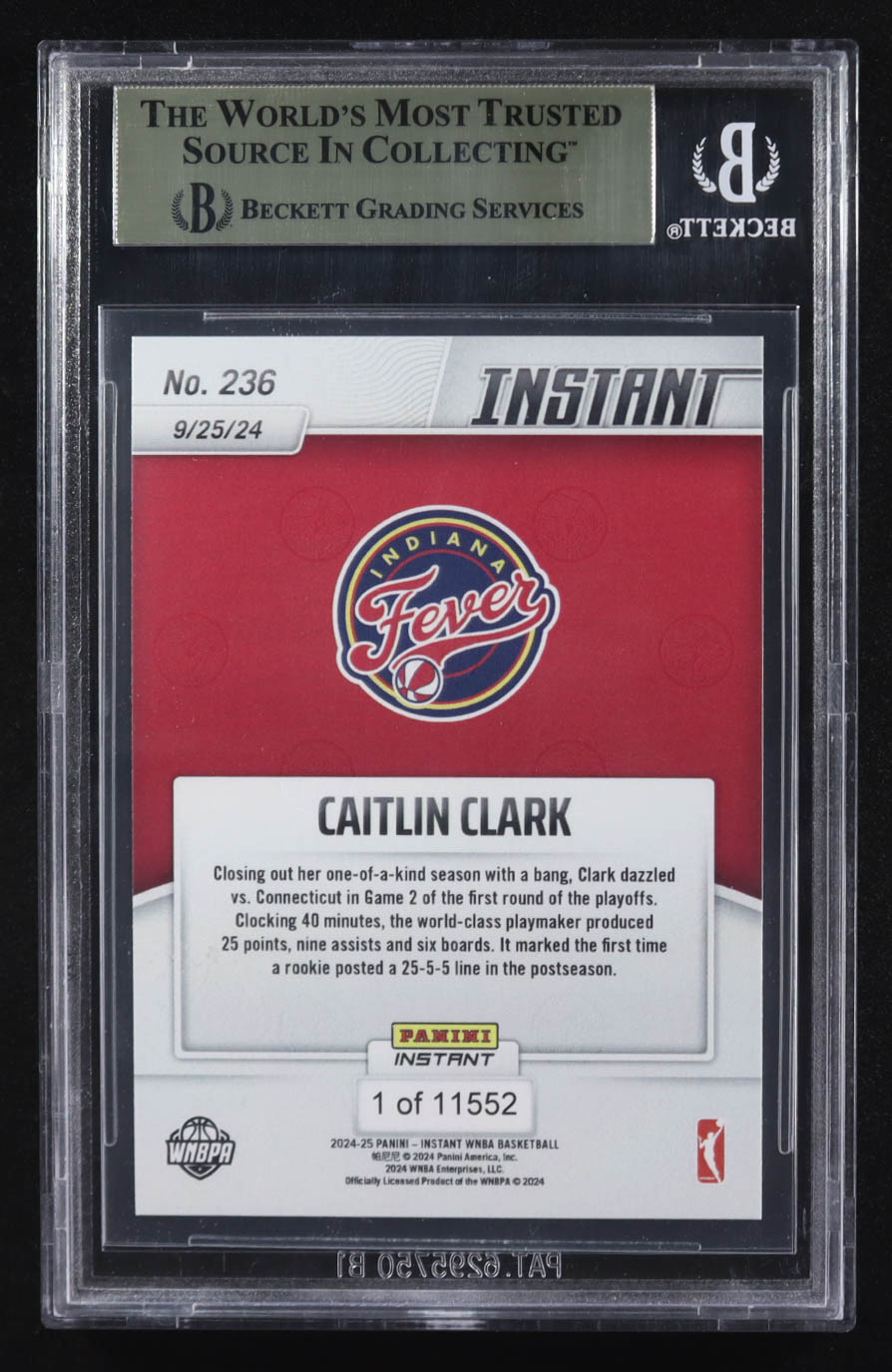 Caitlin Clark 2024-25 Panini Instant WNBA #236 RC #1/11552 (BGS 10) at PristineAuction.com Caitlin Clark 2024-25 Panini Instant WNBA #236 RC #1/11552 (BGS 10) at PristineAuction.com