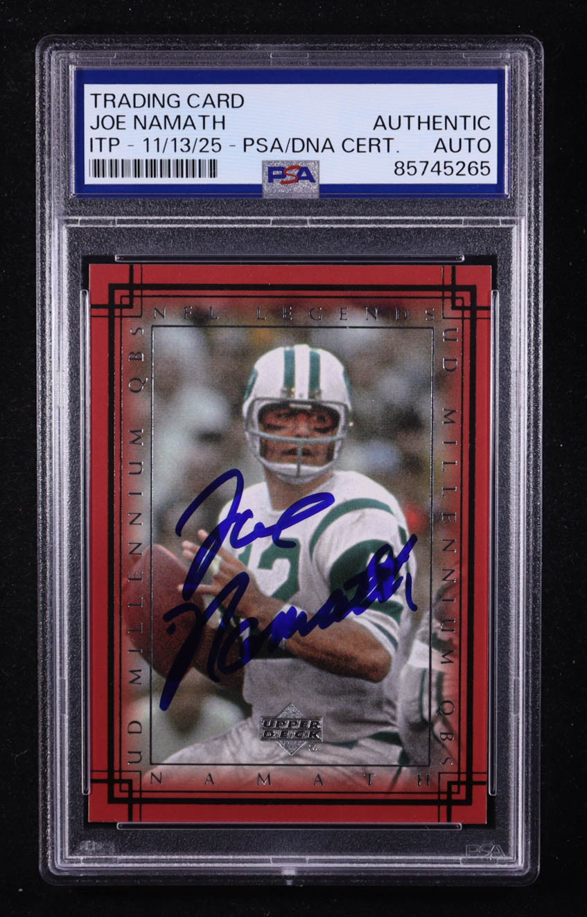 Joe Namath Signed 2000 Upper Deck Legends Millennium QBs #M6 (PSA Encapsulated) at PristineAuction.com Joe Namath Signed 2000 Upper Deck Legends Millennium QBs #M6 (PSA Encapsulated) at PristineAuction.com