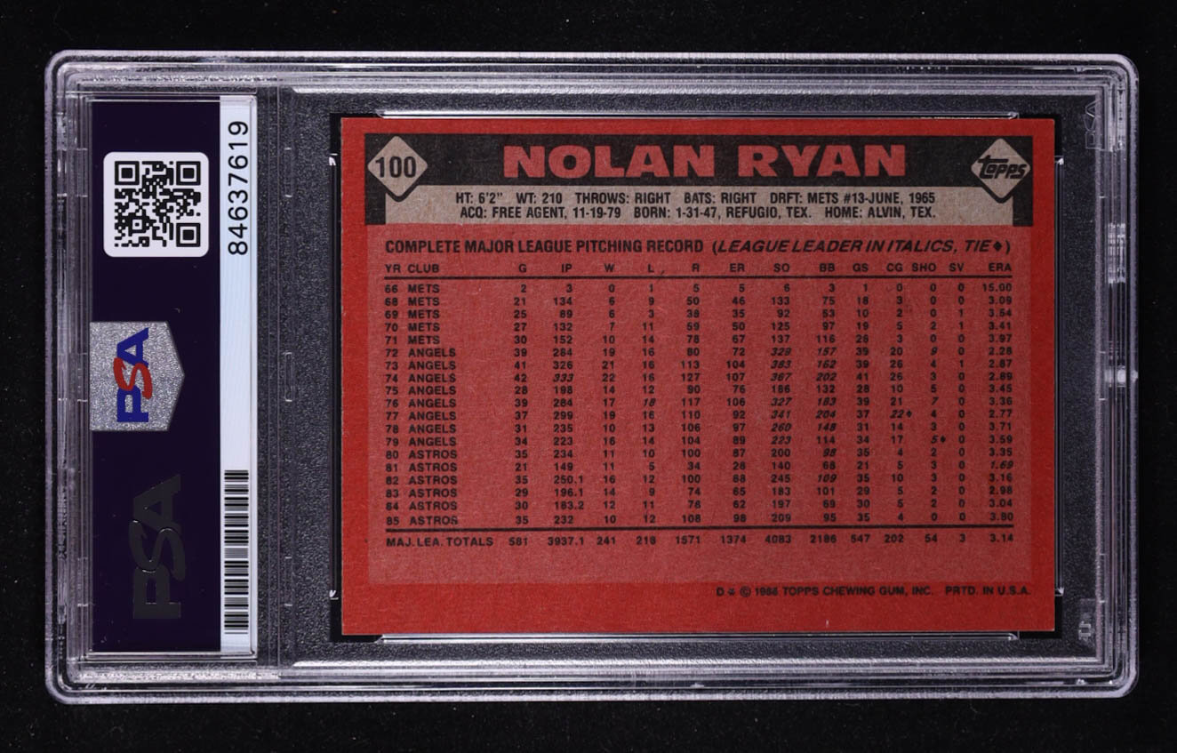 Nolan Ryan Signed 1986 Topps #100 (PSA Encapsulated) at PristineAuction.com Nolan Ryan Signed 1986 Topps #100 (PSA Encapsulated) at PristineAuction.com