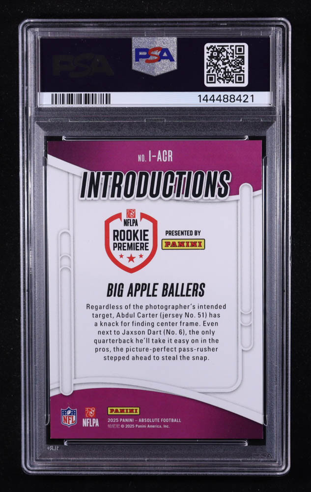 Jaxson Dart / Abdul Carter 2025 Panini Absolute Introductions Red Spectrum #I-ACR RC #107/150 (PSA 8) at PristineAuction.com Jaxson Dart / Abdul Carter 2025 Panini Absolute Introductions Red Spectrum #I-ACR RC #107/150 (PSA 8) at PristineAuction.com