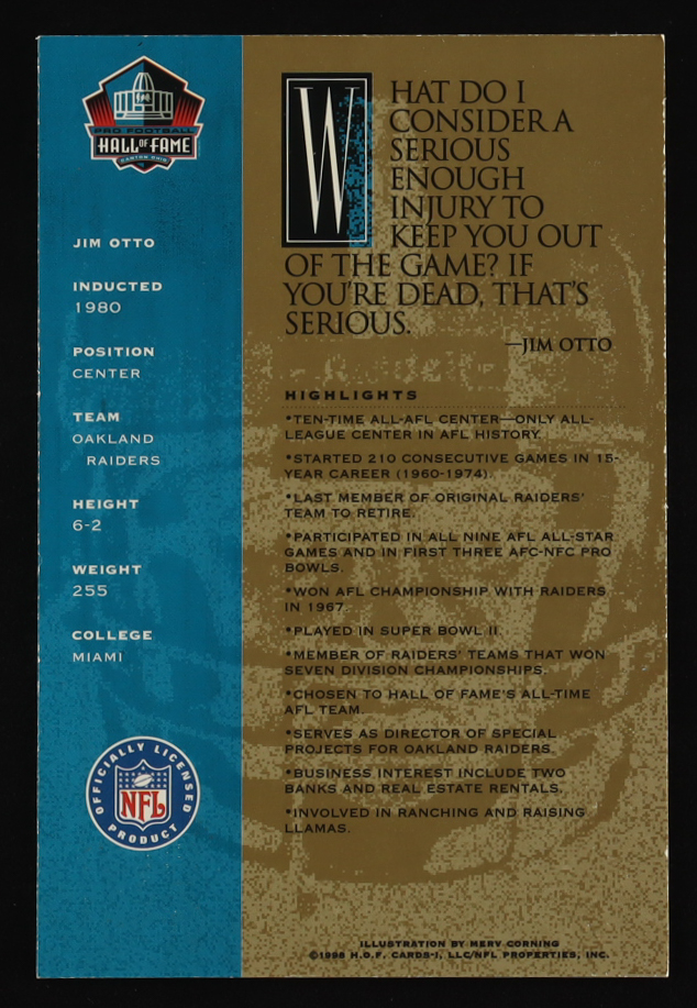 Jim Otto Signed Hall of Fame Signature Series Card Inscribed "H.O.F. 1980" (Beckett) at PristineAuction.com Jim Otto Signed Hall of Fame Signature Series Card Inscribed "H.O.F. 1980" (Beckett) at PristineAuction.com