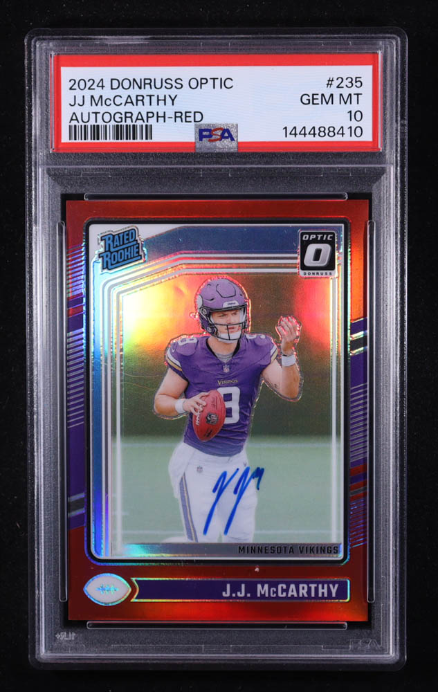 JJ McCarthy 2024 Panini Donruss Optic Red RR Auto #235 RC #16/75 (PSA 10) at PristineAuction.com JJ McCarthy 2024 Panini Donruss Optic Red RR Auto #235 RC #16/75 (PSA 10) at PristineAuction.com
