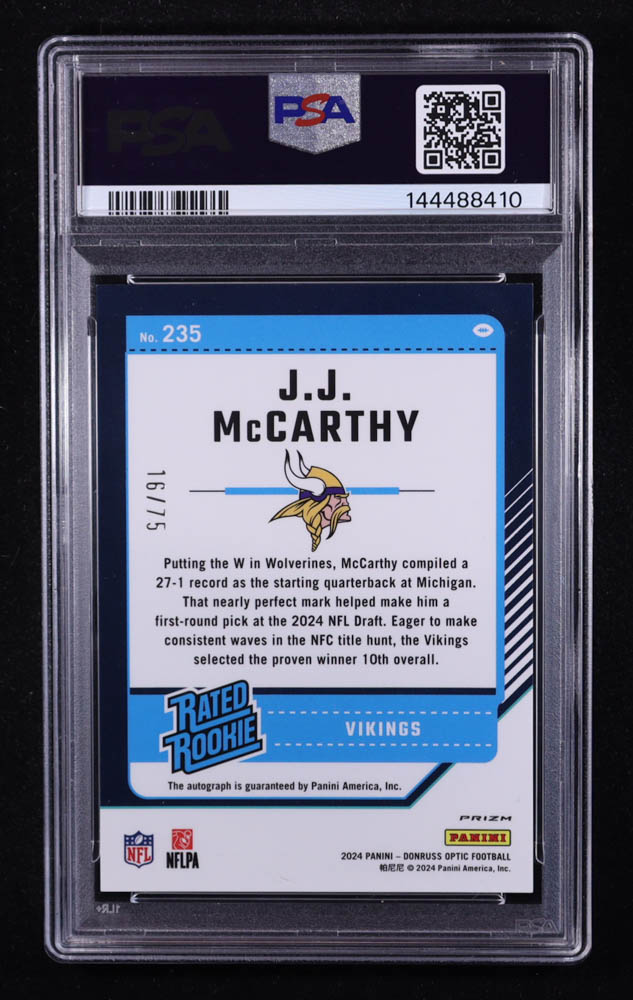 JJ McCarthy 2024 Panini Donruss Optic Red RR Auto #235 RC #16/75 (PSA 10) at PristineAuction.com JJ McCarthy 2024 Panini Donruss Optic Red RR Auto #235 RC #16/75 (PSA 10) at PristineAuction.com