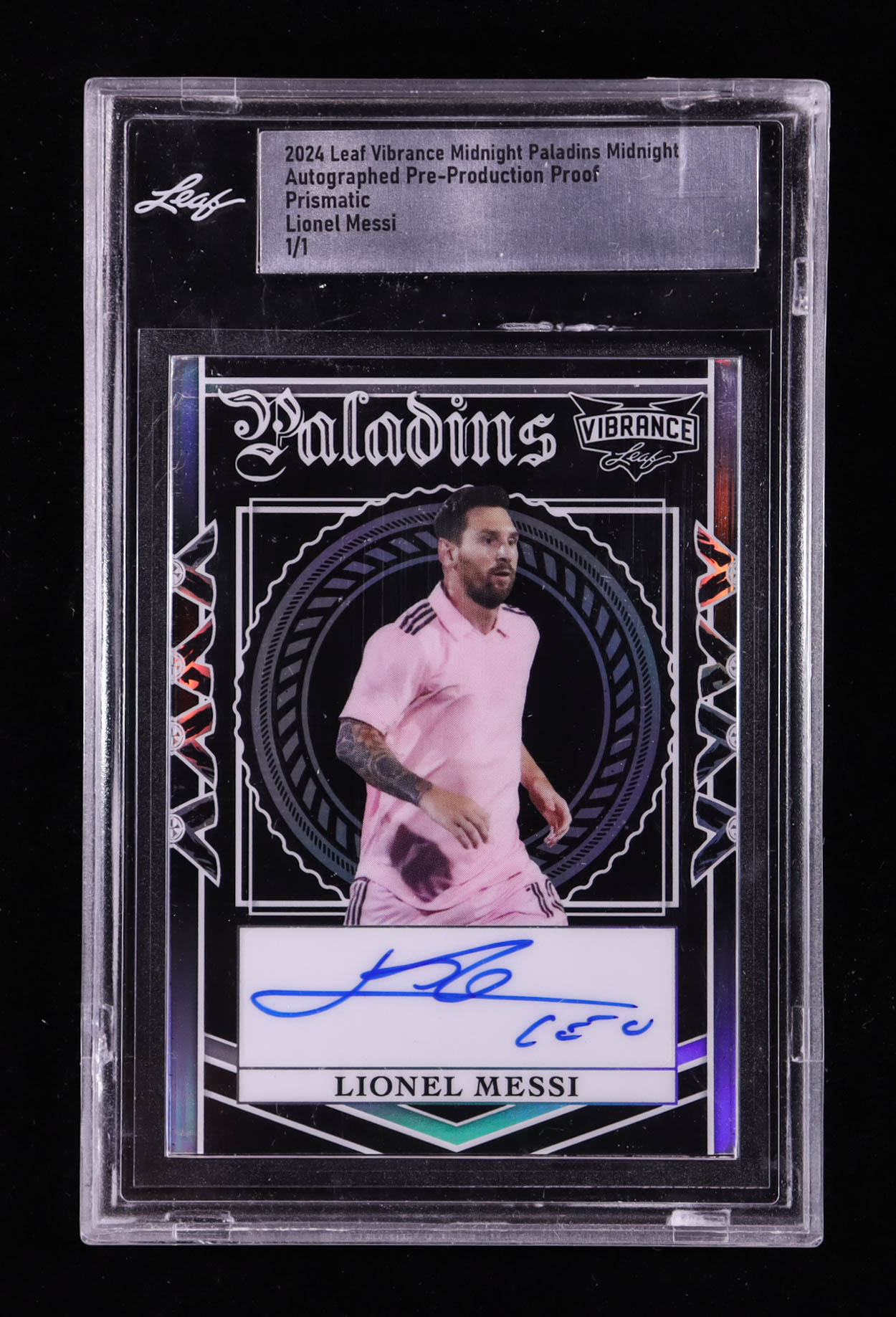Lionel Messi 2024 Leaf Vibrance Midnight Paladins Autographed Pre-Production Proof Prismatic #1/1 (Leaf) at PristineAuction.com Lionel Messi 2024 Leaf Vibrance Midnight Paladins Autographed Pre-Production Proof Prismatic #1/1 (Leaf) at PristineAuction.com