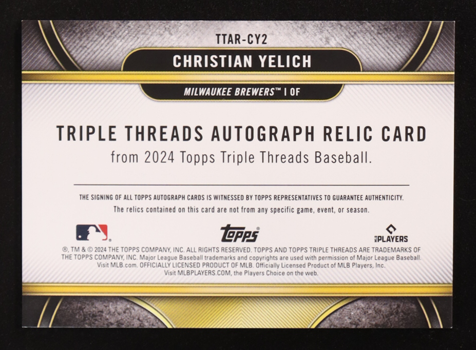 Christian Yelich 2024 Topps Triple Threads Autograph Relics #TTARCY2 #31/36 at PristineAuction.com Christian Yelich 2024 Topps Triple Threads Autograph Relics #TTARCY2 #31/36 at PristineAuction.com