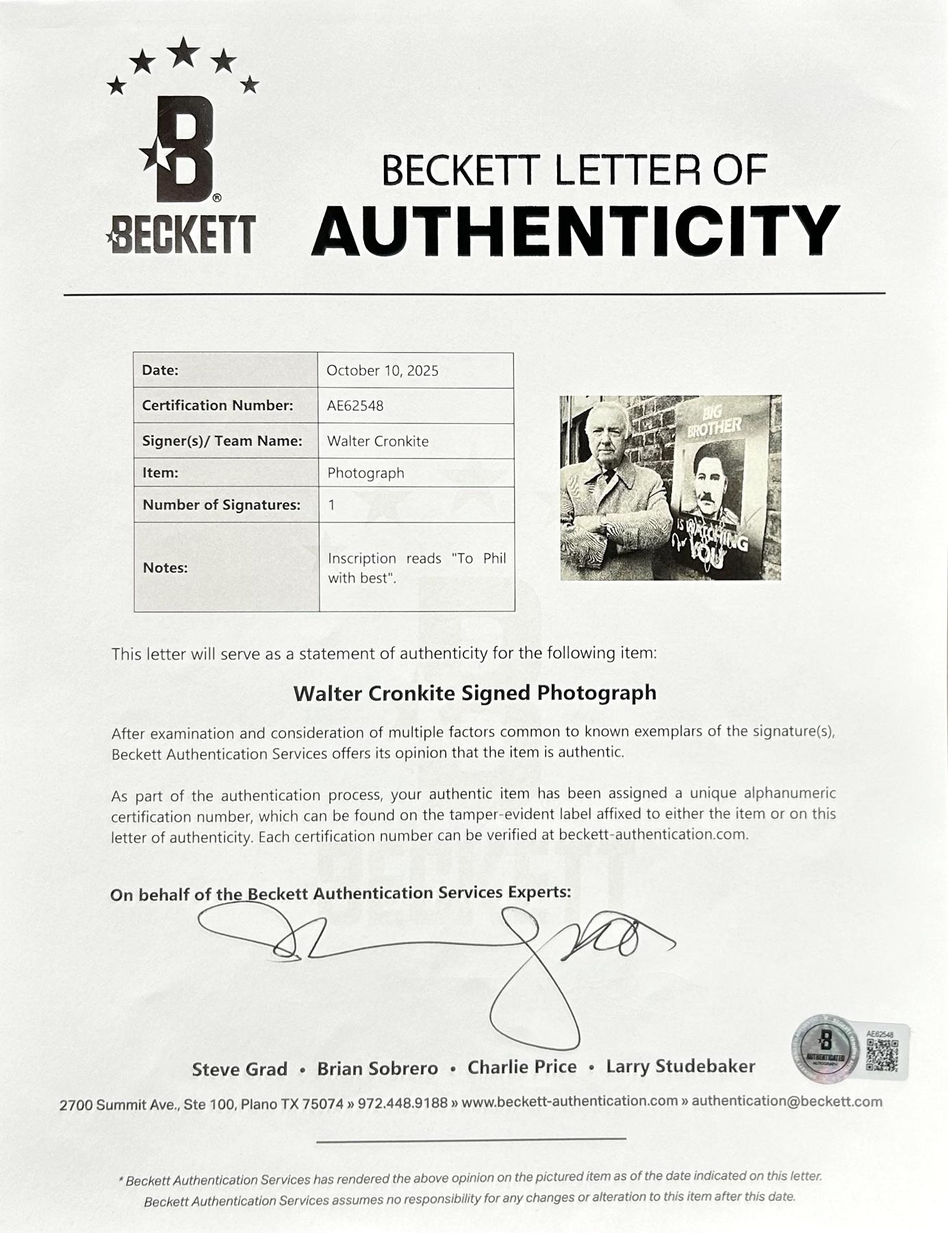 Walter Cronkite Signed 8x10 Photo Inscribed "All The Best" (Beckett) at PristineAuction.com Walter Cronkite Signed 8x10 Photo Inscribed "All The Best" (Beckett) at PristineAuction.com