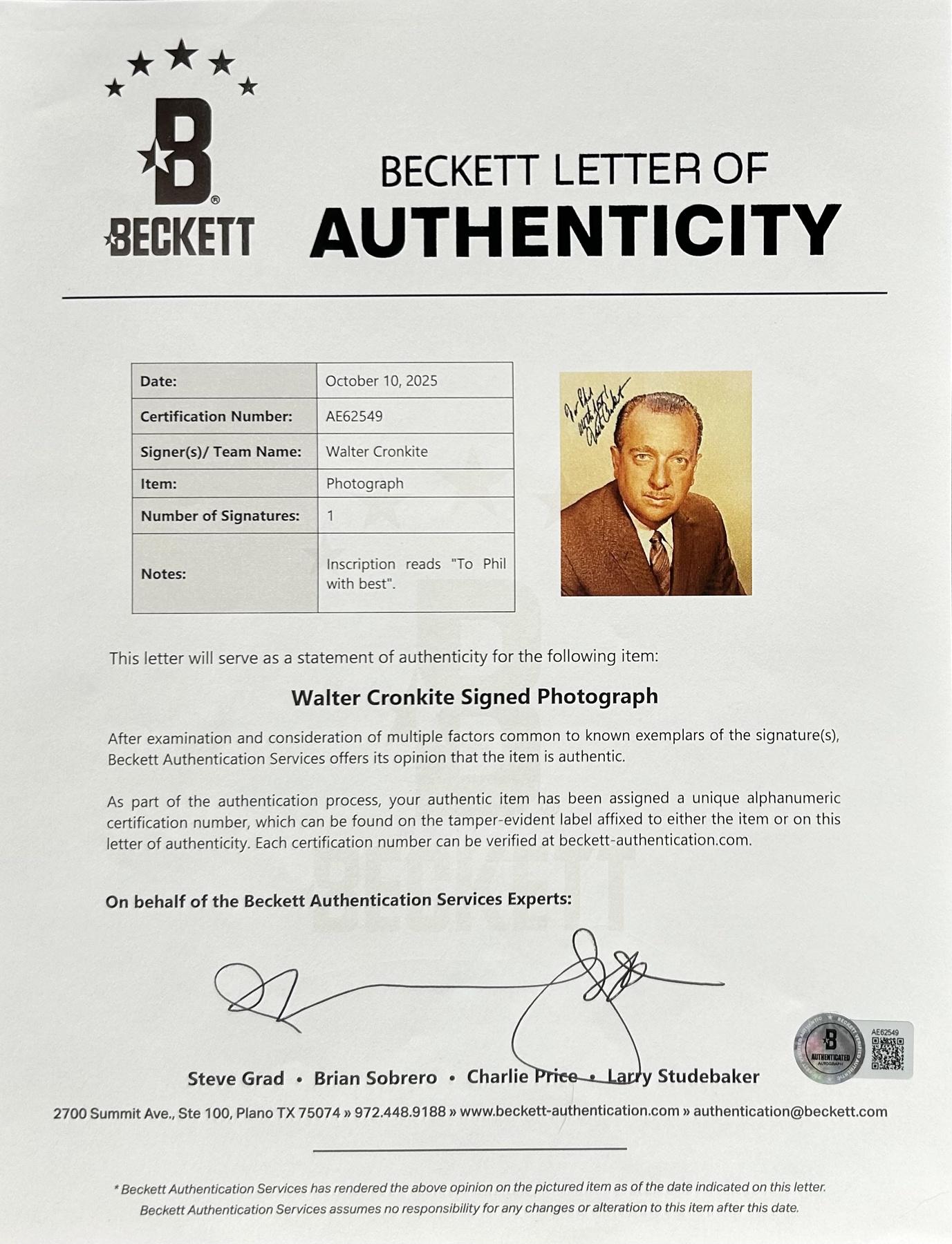 Walter Cronkite Signed 8x10 Photo Inscribed "All The Best" (Beckett) at PristineAuction.com Walter Cronkite Signed 8x10 Photo Inscribed "All The Best" (Beckett) at PristineAuction.com