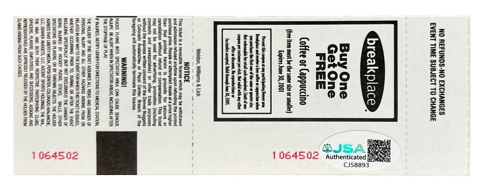 Joe Sakic Signed Avalanche 2001 Stanley Cup Game 2 Ticket (JSA) at PristineAuction.com Joe Sakic Signed Avalanche 2001 Stanley Cup Game 2 Ticket (JSA) at PristineAuction.com