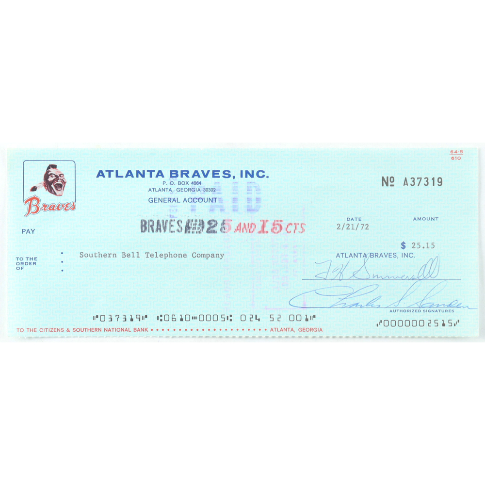 Fred Summerall & Charles Sanders Signed Braves 1972 Bank Check (Beckett) at PristineAuction.com