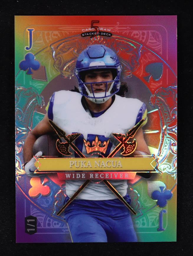 Puka Nacua 2024 Wild Card 5 Card Draw Stacked Deck Jack Of Clubs Rainbow Foil #SDPCPNN #1/1 at PristineAuction.com Puka Nacua 2024 Wild Card 5 Card Draw Stacked Deck Jack Of Clubs Rainbow Foil #SDPCPNN #1/1 at PristineAuction.com
