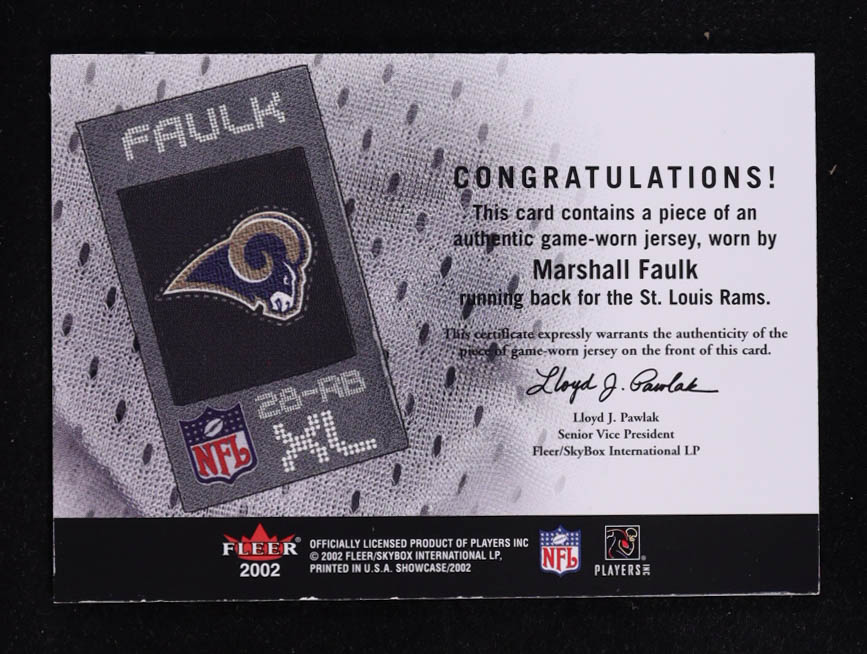 Marshall Faulk 2002 Fleer Showcase Football's Best Memorabilia Game-Worn #FB16 at PristineAuction.com Marshall Faulk 2002 Fleer Showcase Football's Best Memorabilia Game-Worn #FB16 at PristineAuction.com