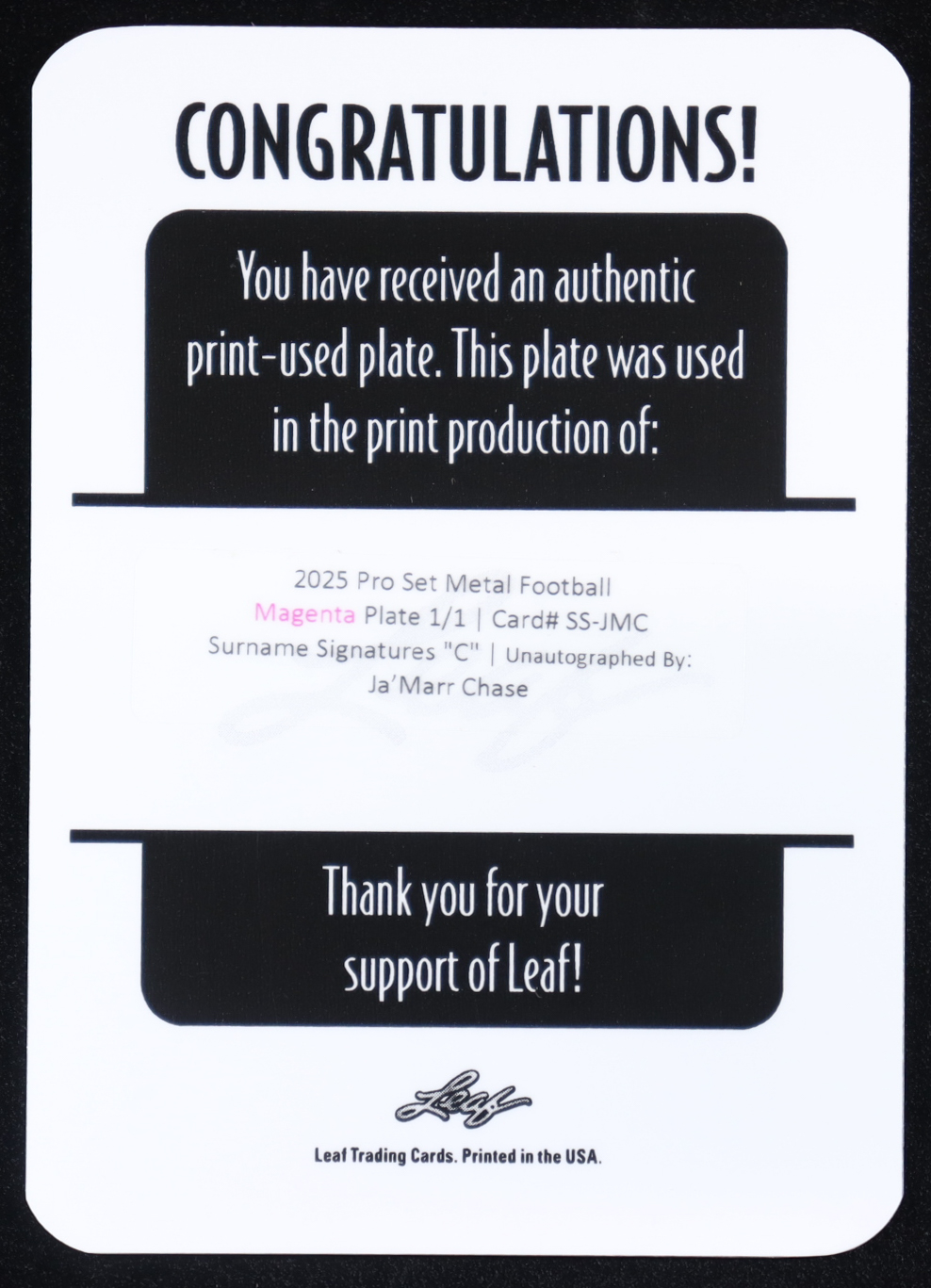 Ja'Marr Chase 2025 Leaf Pro Metal Surname Signatures "C" Magenta Printing Plate #SSJMC #1/1 at PristineAuction.com Ja'Marr Chase 2025 Leaf Pro Metal Surname Signatures "C" Magenta Printing Plate #SSJMC #1/1 at PristineAuction.com