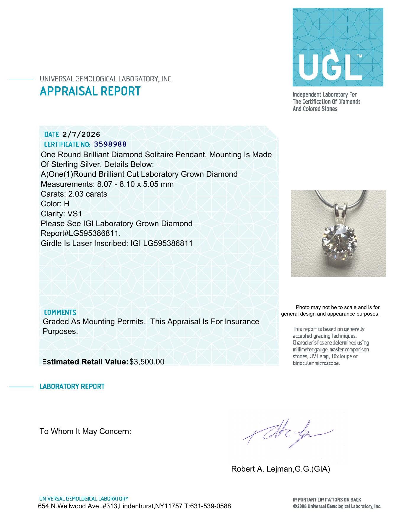 2.03 Carats Lab Grown Diamond Pendant H, VS1 | $3,500 Estimated Retail Value (UGL & IGI Certs) | Brand New at PristineAuction.com 2.03 Carats Lab Grown Diamond Pendant H, VS1 | $3,500 Estimated Retail Value (UGL & IGI Certs) | Brand New at PristineAuction.com