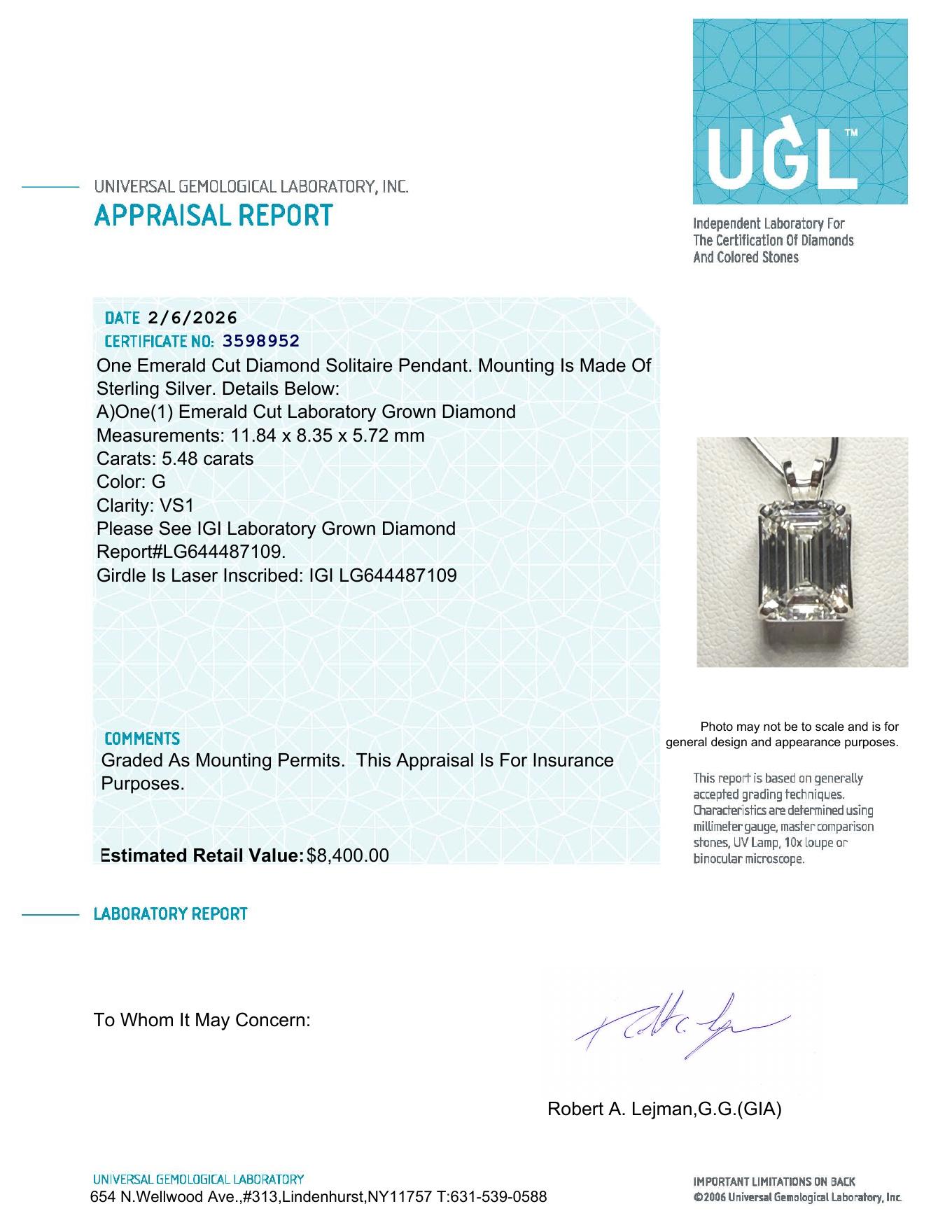 5.48 Carats Lab Grown Diamond Pendant G, VS1 | $8,400 Estimated Retail Value (UGL & IGI Certs) | Brand New at PristineAuction.com 5.48 Carats Lab Grown Diamond Pendant G, VS1 | $8,400 Estimated Retail Value (UGL & IGI Certs) | Brand New at PristineAuction.com