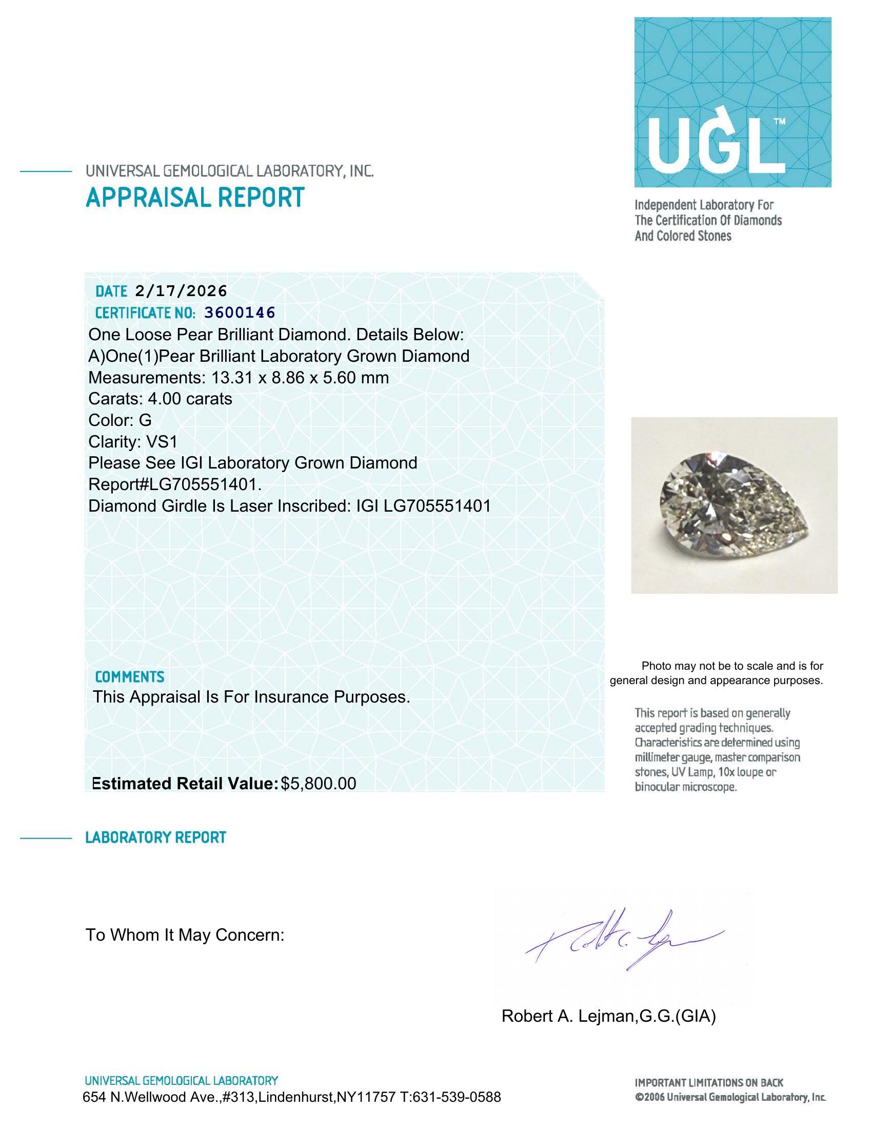 4.00 Carats Lab Grown Diamond Loose G, VS1 | $5,800 Estimated Retail Value (UGL & IGI Certs) | Pear Cut at PristineAuction.com 4.00 Carats Lab Grown Diamond Loose G, VS1 | $5,800 Estimated Retail Value (UGL & IGI Certs) | Pear Cut at PristineAuction.com