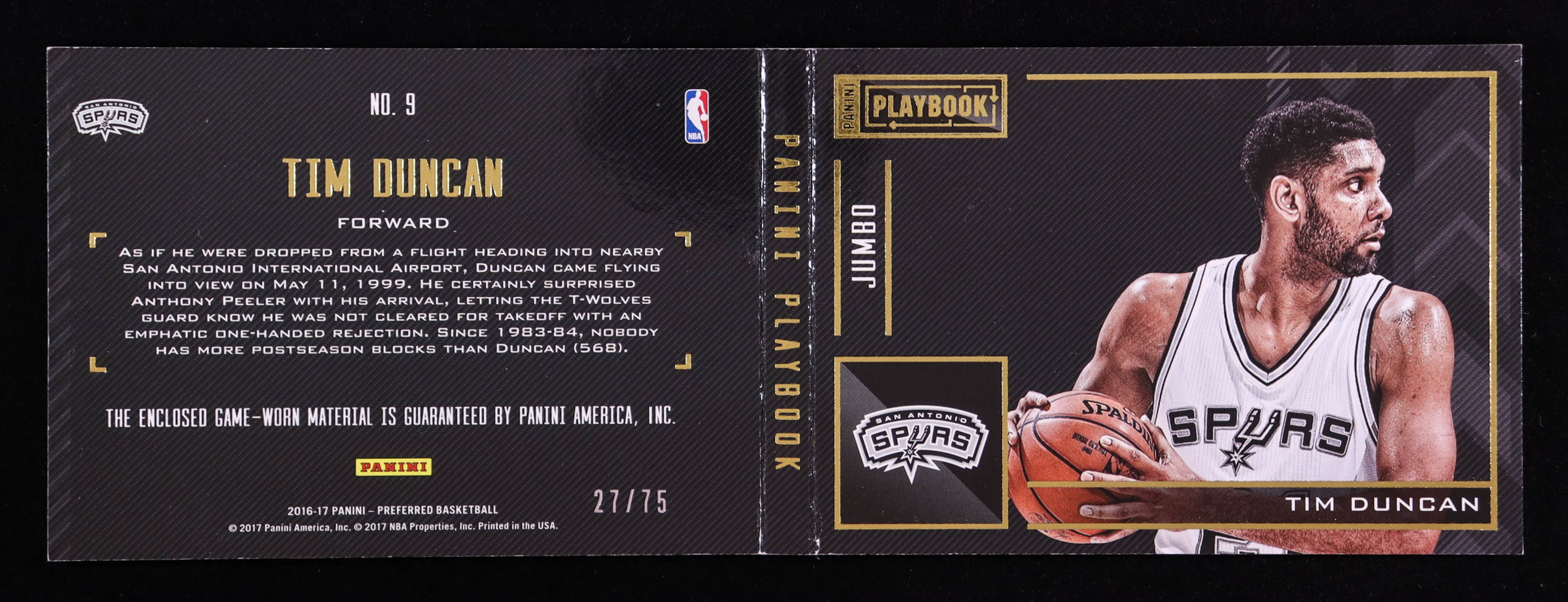Tim Duncan 2016-17 Panini Preferred Playbook Jumbo Memorabilia #9 #27/75 at PristineAuction.com Tim Duncan 2016-17 Panini Preferred Playbook Jumbo Memorabilia #9 #27/75 at PristineAuction.com