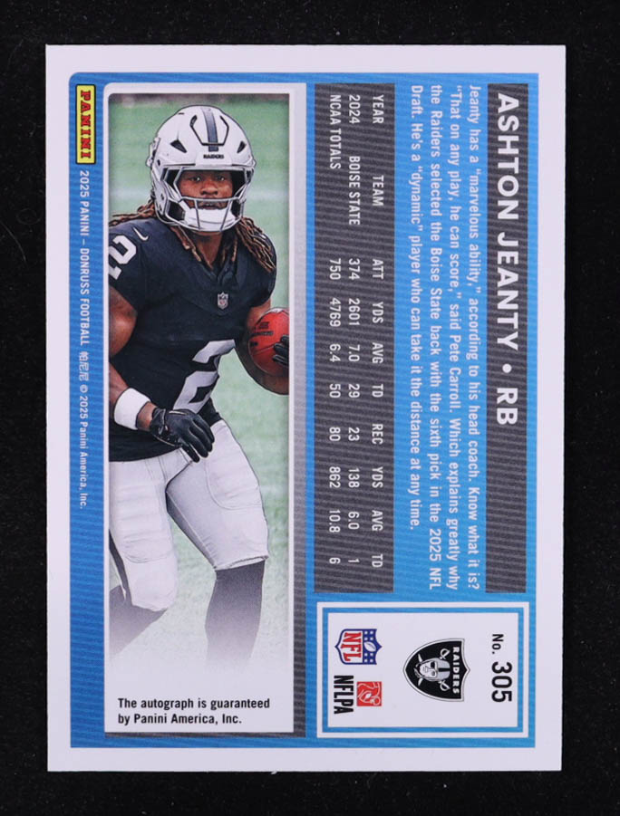 Ashton Jeanty 2025 Donruss Rated Rookies Autographs Orange #305 RC at PristineAuction.com Ashton Jeanty 2025 Donruss Rated Rookies Autographs Orange #305 RC at PristineAuction.com