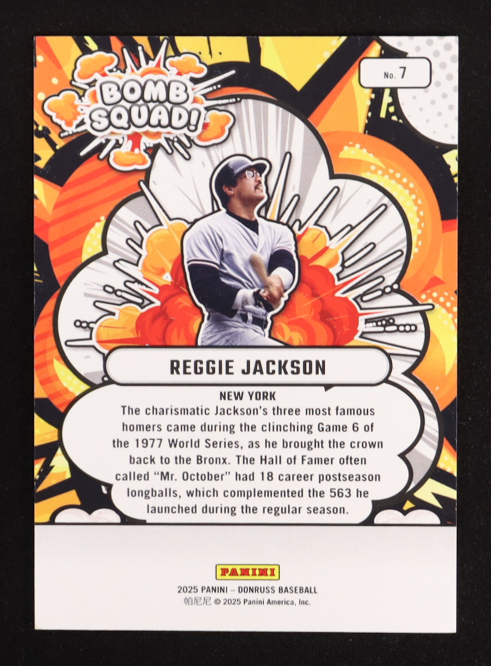 Reggie Jackson 2025 Donruss Bomb Squad Purple Laser #7 #06/15 at PristineAuction.com Reggie Jackson 2025 Donruss Bomb Squad Purple Laser #7 #06/15 at PristineAuction.com