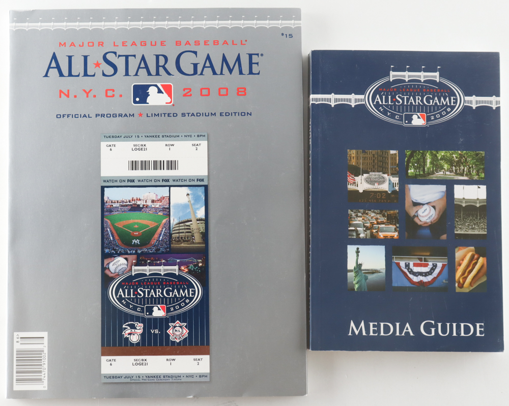 2008 Set of (2) Last All Star Game at Old Yankee Stadium Complete Media Only Program with Game-Used Dirt Media Pin at PristineAuction.com 2008 Set of (2) Last All Star Game at Old Yankee Stadium Complete Media Only Program with Game-Used Dirt Media Pin at PristineAuction.com