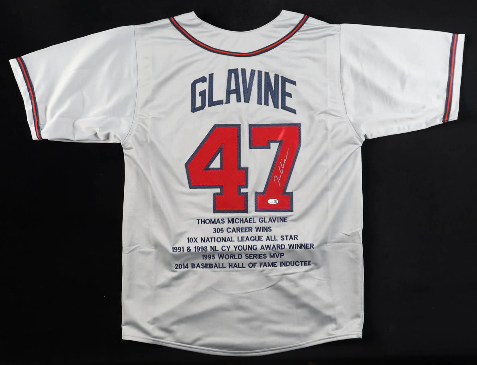 Tom Glavine Signed Career Highlight Stat Jersey (JSA) at PristineAuction.com Tom Glavine Signed Career Highlight Stat Jersey (JSA) at PristineAuction.com