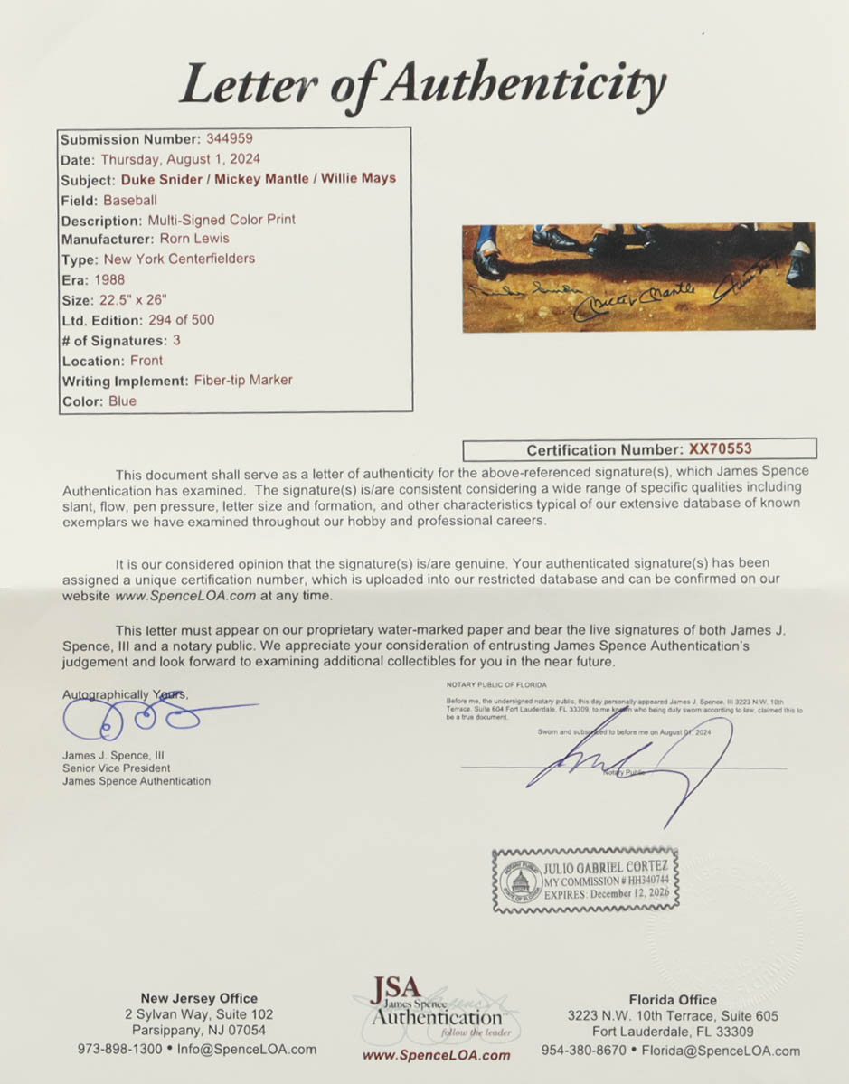 Mickey Mantle, Duke Snider & Willie Mays Signed LE Custom Framed Ron Lewis Art Print Display #294/500 (JSA) at PristineAuction.com Mickey Mantle, Duke Snider & Willie Mays Signed LE Custom Framed Ron Lewis Art Print Display #294/500 (JSA) at PristineAuction.com