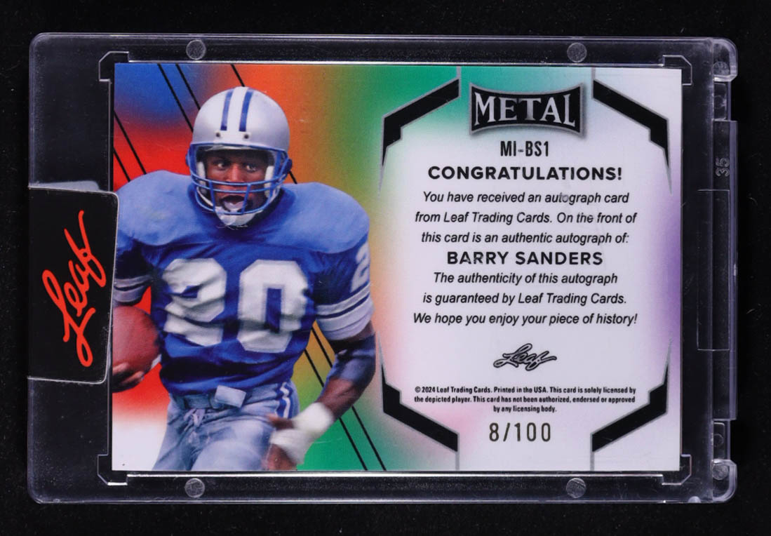 Barry Sanders 2024 Leaf Metal Inscriptions Prismatic Red #MIBS1 #81/100 at PristineAuction.com Barry Sanders 2024 Leaf Metal Inscriptions Prismatic Red #MIBS1 #81/100 at PristineAuction.com