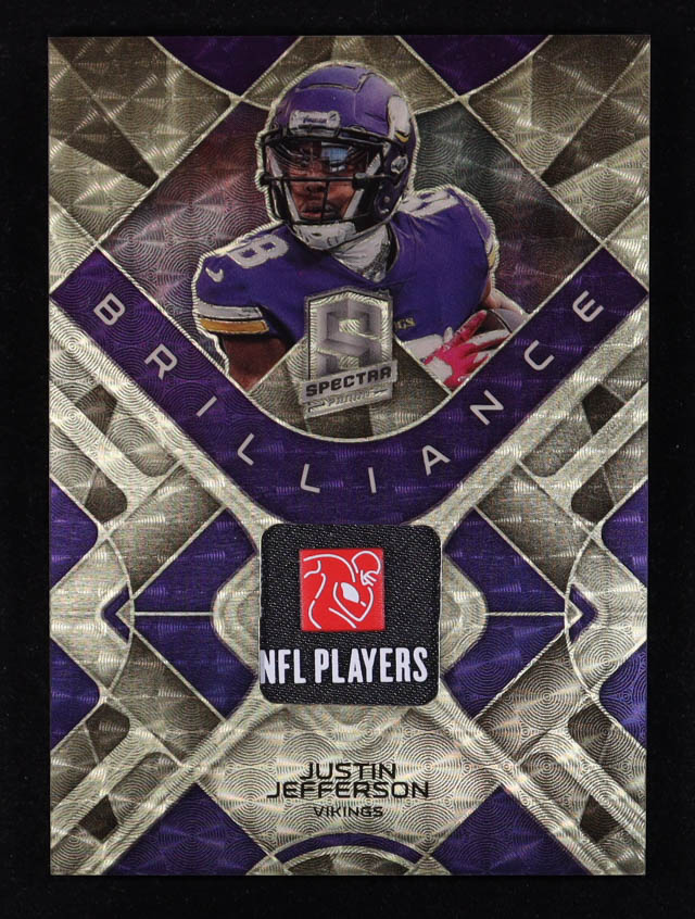 Justin Jefferson 2023 Panini Spectra Brilliance Materials Gold Laundry Tag NFL Player's Logo #19 #1/1 at PristineAuction.com Justin Jefferson 2023 Panini Spectra Brilliance Materials Gold Laundry Tag NFL Player's Logo #19 #1/1 at PristineAuction.com
