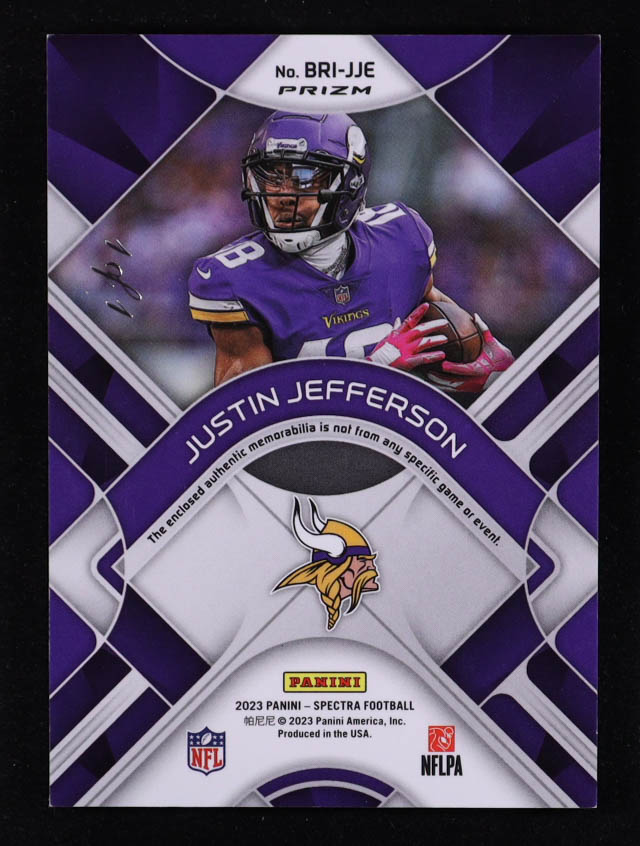 Justin Jefferson 2023 Panini Spectra Brilliance Materials Gold Laundry Tag NFL Player's Logo #19 #1/1 at PristineAuction.com Justin Jefferson 2023 Panini Spectra Brilliance Materials Gold Laundry Tag NFL Player's Logo #19 #1/1 at PristineAuction.com