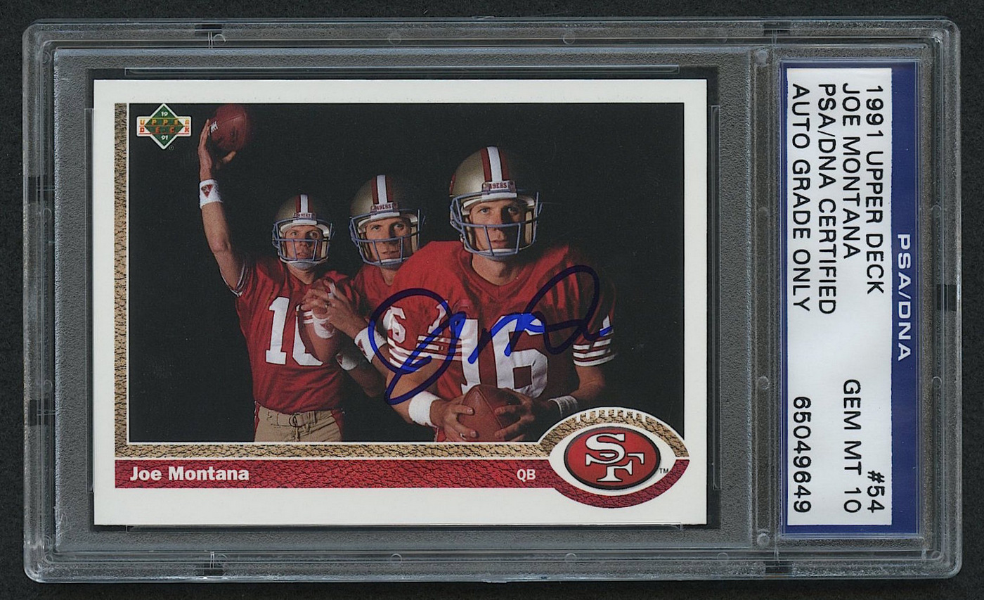 Joe Montana Signed 1991 Upper Deck #54 Joe Montana 3X Card (PSA Encapsulated) at PristineAuction.com Joe Montana Signed 1991 Upper Deck #54 Joe Montana 3X Card (PSA Encapsulated) at PristineAuction.com