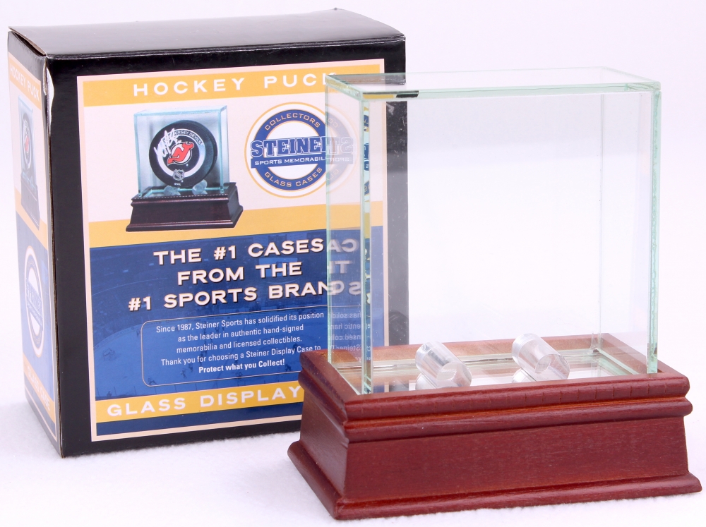 Single Hockey Puck Display Case with Mirrored Cherry Wood Base & Glass