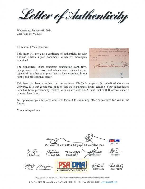 Thomas Edison Signed Authentic 1899 Original Stock Certificate (PSA LOA) at PristineAuction.com Thomas Edison Signed Authentic 1899 Original Stock Certificate (PSA LOA) at PristineAuction.com