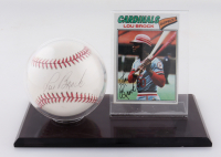 Lou Brock Signed OL Baseball with Lou Brock 1977 Topps #355 Custom Display (Beckett) at PristineAuction.com