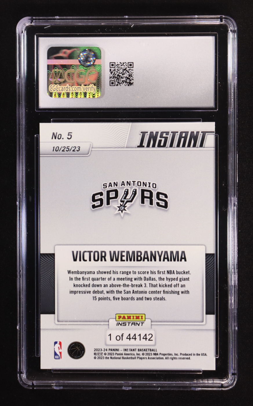 Victor Wembanyama 2023-24 Panini Instant #5 RC #1/44142 (CGC 10) at PristineAuction.com Victor Wembanyama 2023-24 Panini Instant #5 RC #1/44142 (CGC 10) at PristineAuction.com