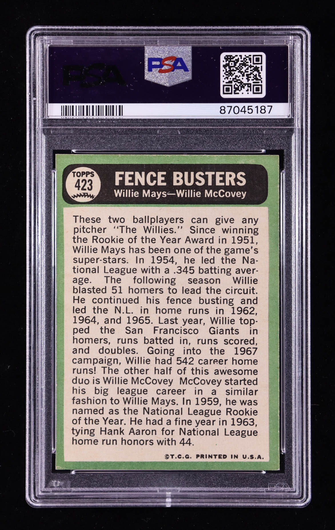 Willie Mays / Willie McCovey 1967 Topps #423 Fence Busters DP (PSA 6) at PristineAuction.com Willie Mays / Willie McCovey 1967 Topps #423 Fence Busters DP (PSA 6) at PristineAuction.com