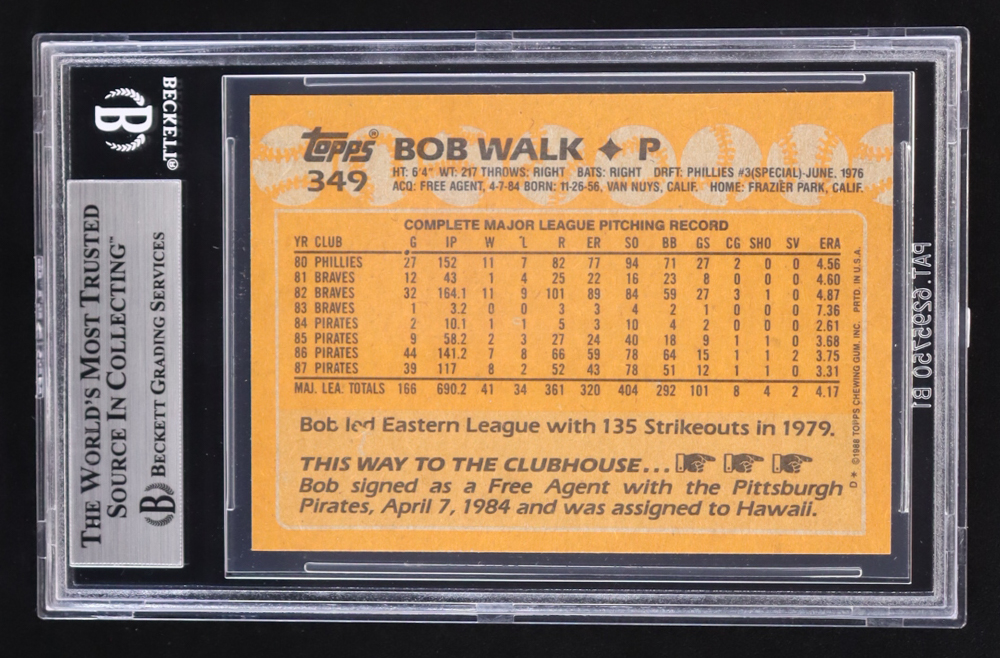Bob Walk 1988 Topps #349 (Beckett 9) at PristineAuction.com Bob Walk 1988 Topps #349 (Beckett 9) at PristineAuction.com