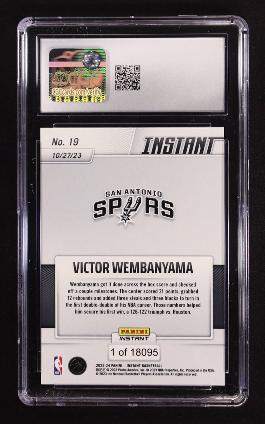 Victor Wembanyama 2023-24 Panini Instant #19 RC #1/18095 (CGC 10) at PristineAuction.com Victor Wembanyama 2023-24 Panini Instant #19 RC #1/18095 (CGC 10) at PristineAuction.com
