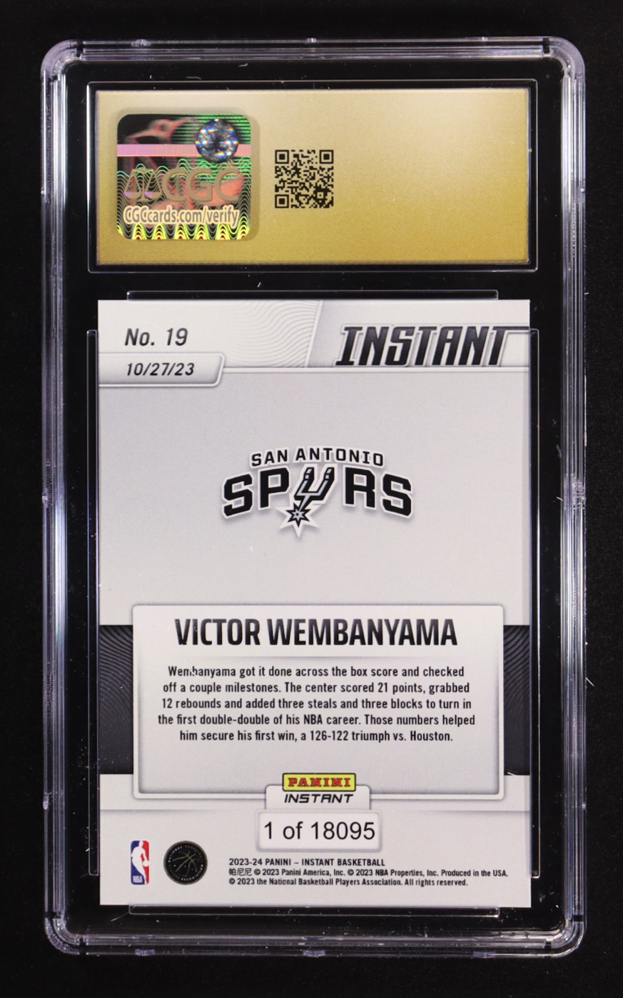 Victor Wembanyama 2023-24 Panini Instant #19 RC #1/18095 (CGC | Black Label Pristine 10) at PristineAuction.com Victor Wembanyama 2023-24 Panini Instant #19 RC #1/18095 (CGC | Black Label Pristine 10) at PristineAuction.com