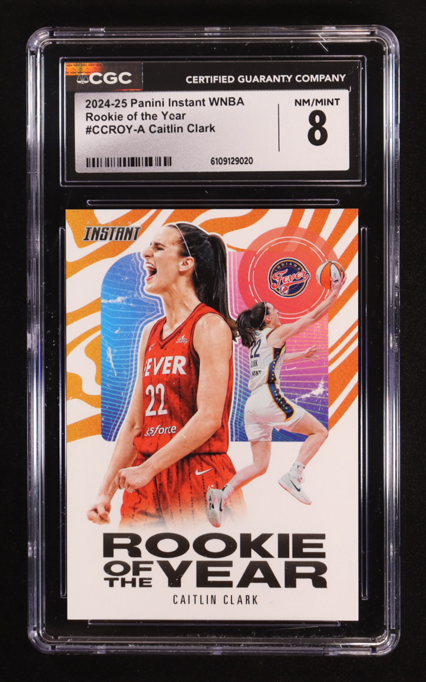 Caitlin Clark 2024-25 Panini Instant WNBA Rookie of the Year #CCROY-A RC #1/115750 (CGC 8) at PristineAuction.com Caitlin Clark 2024-25 Panini Instant WNBA Rookie of the Year #CCROY-A RC #1/115750 (CGC 8) at PristineAuction.com