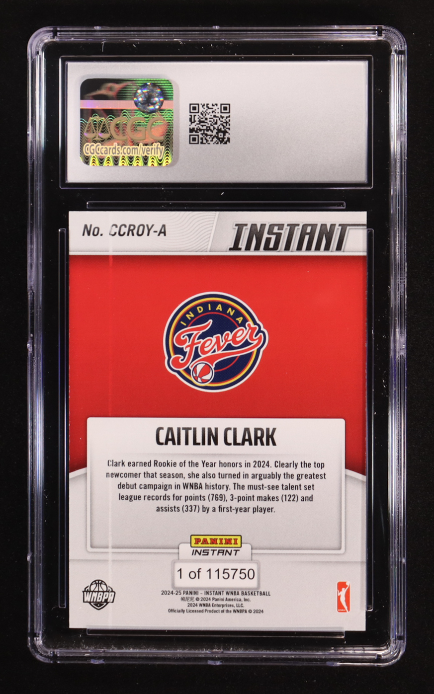 Caitlin Clark 2024-25 Panini Instant WNBA Rookie of the Year #CCROY-A RC #1/115750 (CGC 8) at PristineAuction.com Caitlin Clark 2024-25 Panini Instant WNBA Rookie of the Year #CCROY-A RC #1/115750 (CGC 8) at PristineAuction.com